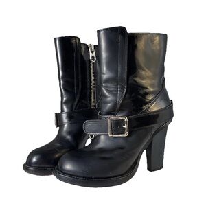 Chloe Moto Black Leather Heeled Boots with Buckle - EU 38.5 US 8-8.5